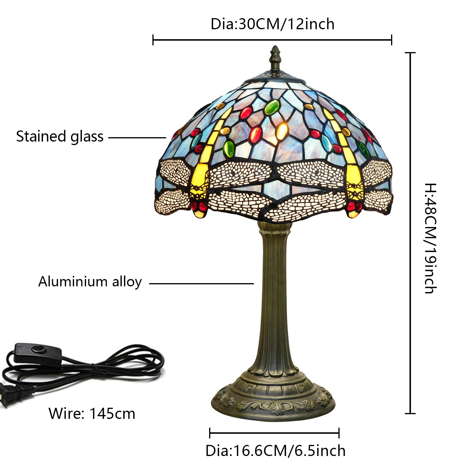Blue & Yellow Dragonfly Table Lamp 30cm
