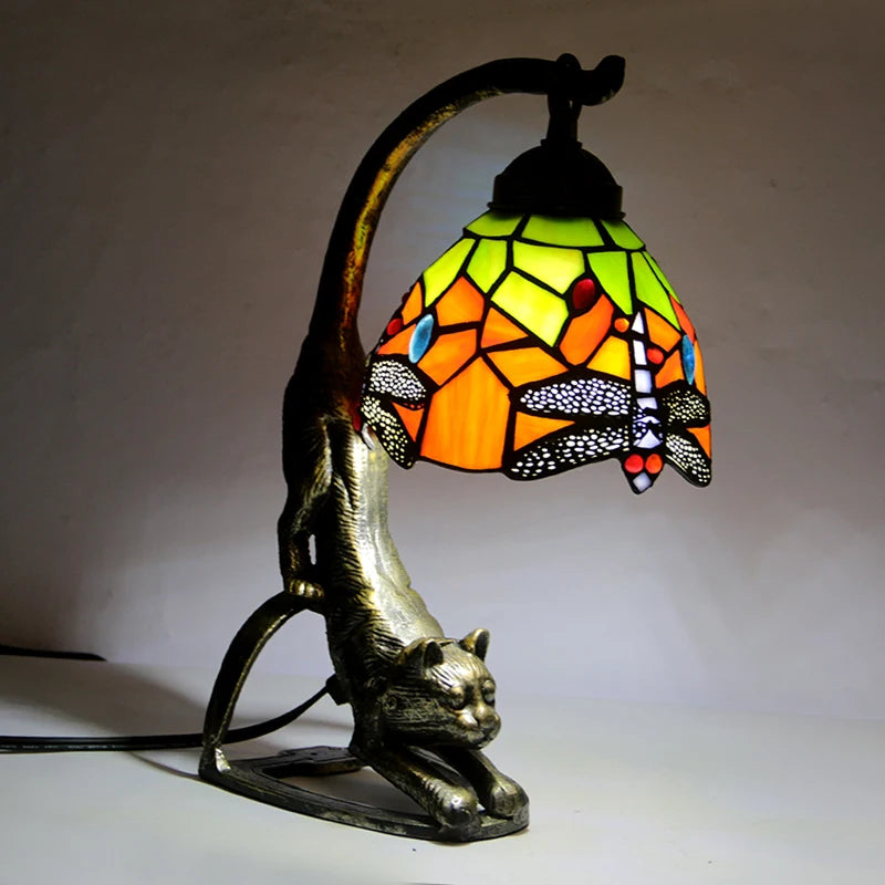 Dragonfly Table Lamp with Cat Base
